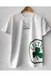 Unisex Beyaz Oversize Boston Logo Baskılı Örme T-shirt