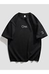 Unisex Siyah Oversize One Yazılı Baskılı Örme T-shirt