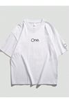 Unisex Beyaz Oversize One Yazılı Baskılı Örme T-shirt