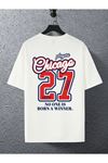 Unisex Beyaz Oversize 27 Chicago Baskılı Örme T-shirt