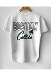 Unisex Beyaz Oversize Boston Logo Baskılı Pamuklu T-shirt