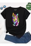 Unisex Siyah Oversize Renkli Kedi Baskılı Örme T-shirt