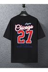 Unisex Siyah Oversize 27 Chicago Baskılı Örme T-shirt