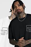 2'li Siyah Beyaz - Unisex Oversize Yaka Mantenha Baskılı Örme T-shirt