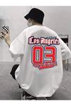 Unisex Beyaz Oversize Los Angeles 03 Baskılı Örme T-shirt