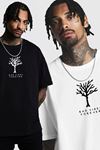 2'li Siyah Beyaz - Unisex Oversize Yaka Bad Vibes Baskılı Örme T-shirt