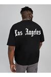 Erkek Siyah Oversiz Los Angeles Baskılı Örme T-shirt