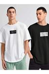 2'li Siyah Beyaz - Unisex Oversize Yaka Omg Baskılı Örme T-shirt