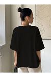 Kadın Siyah Oversize Balance Baskılı Örme T-shirt