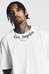 Unisex Beyaz Oversize Yaka Los Angeles Baskılı Örme T-shirt