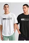 2'li Siyah Beyaz - Unisex Oversize Yaka New Cars Baskılı Örme T-shirt