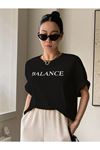 Kadın Siyah Oversize Balance Baskılı Örme T-shirt