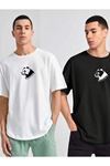 2'li Siyah Beyaz - Unisex Oversize Yaka Minimal Bear Baskılı Örme T-shirt