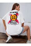 Kadın Beyaz Oversize No More Rules Baskılı Örme T-shirt