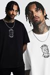 2'li Siyah Beyaz - Unisex Oversize Yaka Face Baskılı Örme T-shirt