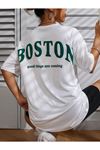 Kadın Beyaz Oversiz Boston Baskılı Örme T-shirt