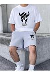 Slow Down Baskılı Gri Şort Beyaz T-shirt Takım
