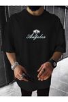 Unisex Siyah Oversiz Palmiye Los Angeles Baskılı Örme T-shirt