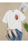 Kadın Beyaz Oversize Kalp Baskılı Örme T-shirt