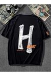 Erkek Siyah Oversize H Heart Baskılı Örme T-shirt