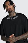 Unisex Siyah Oversize Yaka Los Angeles Baskılı Örme T-shirt