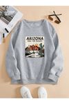 Unisex Gri Oversize Arizona Bisiklet Yaka Sweatshirt