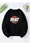 Unisex Oversize Siyah 1987 Vintage Baskılı Bisiklet Yaka Sweatshirt