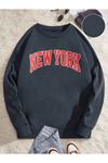 Unisex Oversize Siyah New York Baskılı Bisiklet Yaka Sweatshirt