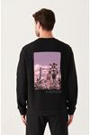 Erkek Siyah Oversize Caution Baskılı Bisiklet Yaka Sweatshirt
