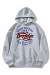 Unisex Oversize Brooklyn Baskılı Kapüşonlu Gri Sweatshirt.