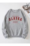Unisex Gri Oversize Alaska 1959 Baskılı Bisiklet Yaka Sweatshirt
