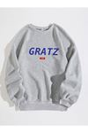 Unisex Gri Oversize Gratz Baskılı Bisiklet Yaka Sweatshirt