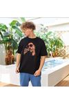 Unisex Oversize Snoop Baskılı Siyah T-shirt