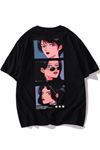 Kadin Siyah Oversize Anime Baskılı T-shirt