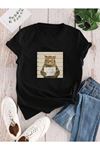 Kadın Siyah Oversize Kedi Baskılı T-shirt