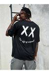Erkek Siyah Oversize X Smile Baskılı T-shirt
