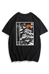 Erkek Siyah Oversize Dağ Japan Baskılı T-shirt