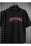 Erkek Siyah Oversize Chıcago Baskılı Örme T-shirt