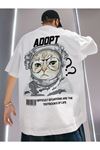 Unisex Oversize Astronot Cat Baskılı Beyaz T-shirt