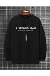 Unisex Oversize Strong Man Baskılı Siyah Kapüşonlu Sweatshirtt
