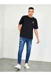 Erkek Siyah Oversize Strip Baskılı T-shirt