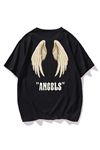 Erkek Siyah Oversize Angels Baskılı T-shirt