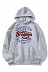 Brooklyn Baskılı Grioversize Kapüşonlu Sweatshirt.