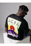 Erkek Siyah Oversize Dağ Baskılı T-shirt