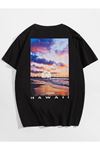 Erkek Siyah Oversize Hawaii Baskılı T-shirt