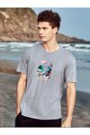 Erkek Gri Oversize Harita Baskılı T-shirt