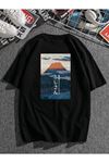 Mount Fuji Baskılı Siyah T-shirt Oversize Unisex