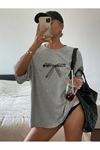 Fiyonk Süprem T-Shirt - Gri Baskılı Oversize Bisiklet Yaka Kısa Kol Tişört