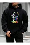 Unisex Siyah Renkli Kulaklık Baskılı Siyah Kapüşonlu Oversize Sweatshirt