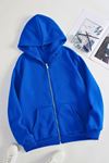 Baskısız Fermuarlı Hırka Sweatshirt - Saks Mavi  Oversize Kışlık Kalın Kapüşonlu